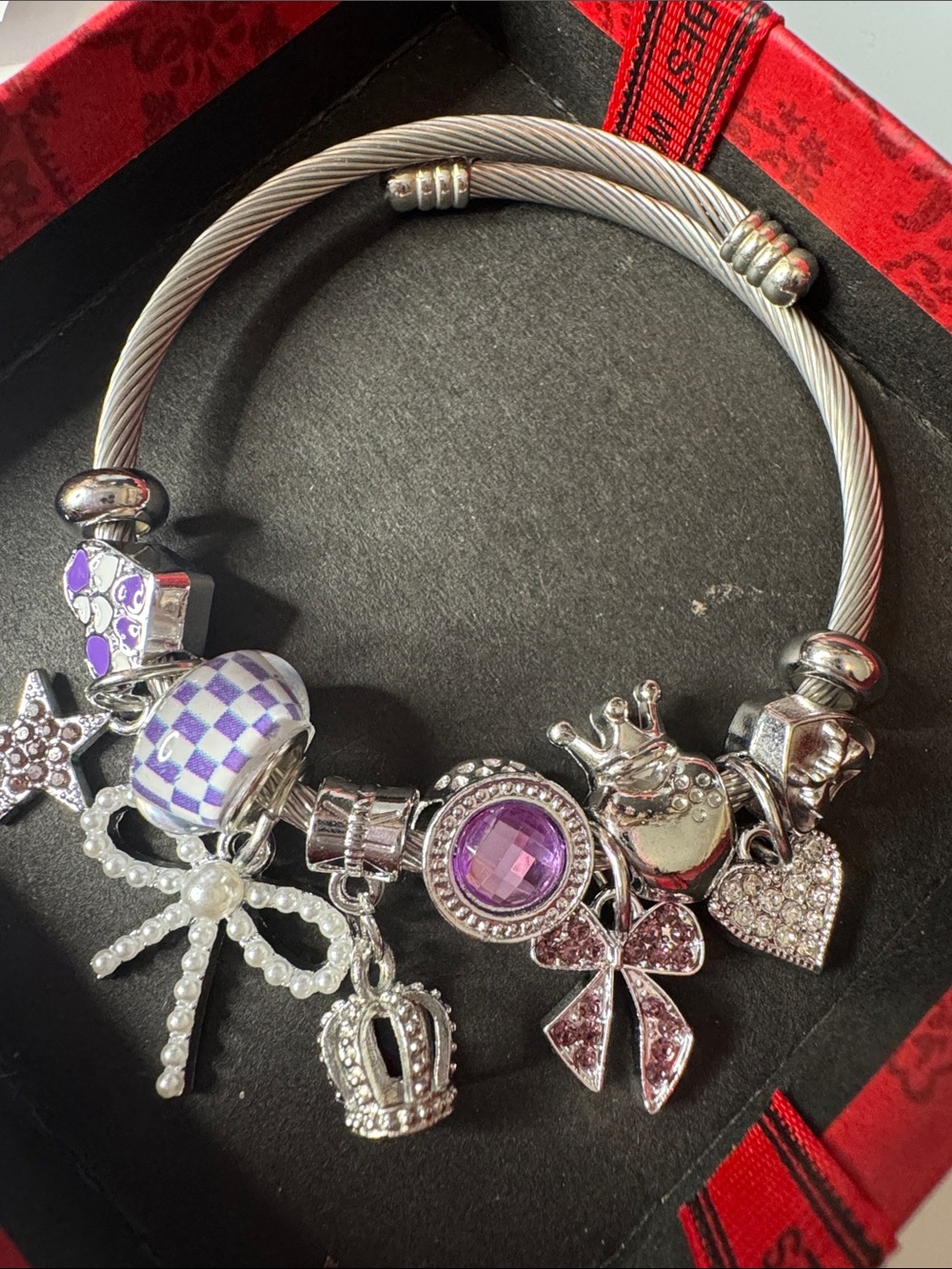 Silver-Tone Charm Bracelet with Purple Accents
